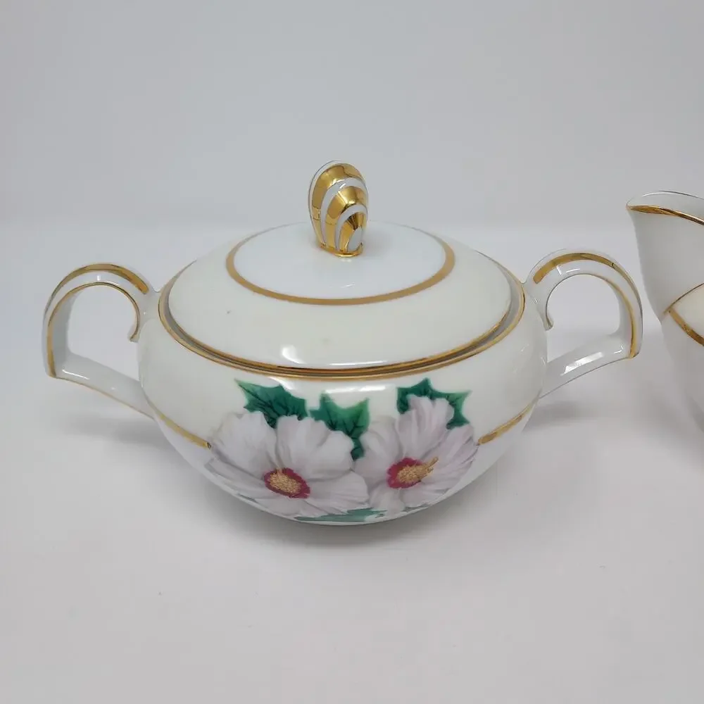 Kent Tropical Pattern Sugar Bowl Lid Creamer Set Occupied Japan Vintage 1950